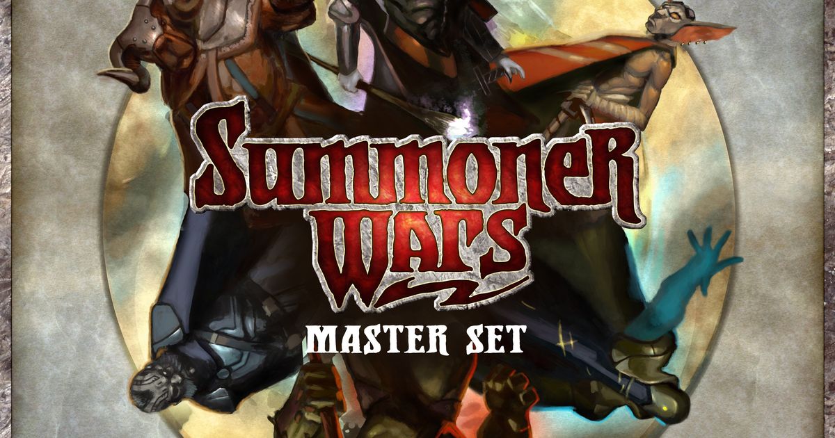 Box art for Summoner Wars Master Set by Plaid Hat Games, showing opposing fantasy faction champions clashing across a battle grid