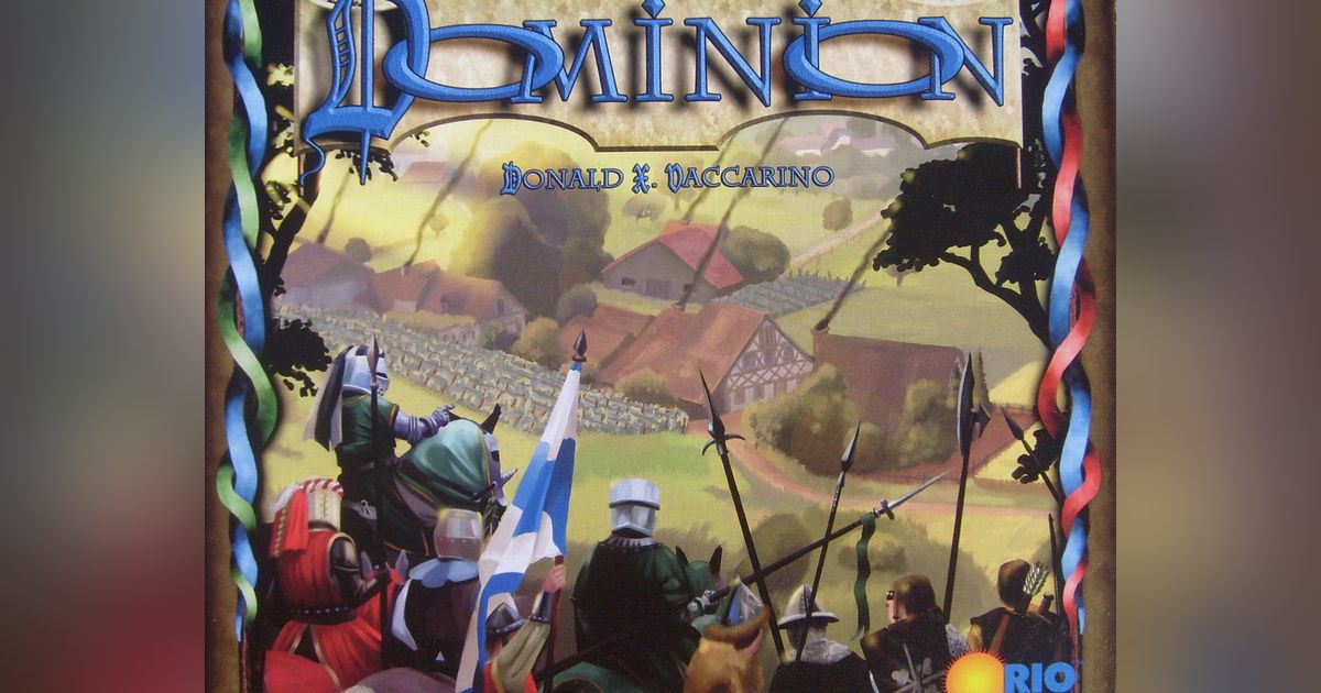 Box art for Dominion by Rio Grande Games, showing knights and villagers marching through a pastoral medieval countryside beneath a castle wordmark