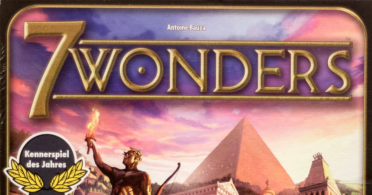 Box art for 7 Wonders by Repos Production, showing the seven ancient wonders arranged across a stylized night sky
