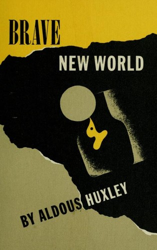 Cover of Brave New World by Aldous Huxley, Harper Perennial edition, showing a stark modernist test-tube emblem on a solid color field