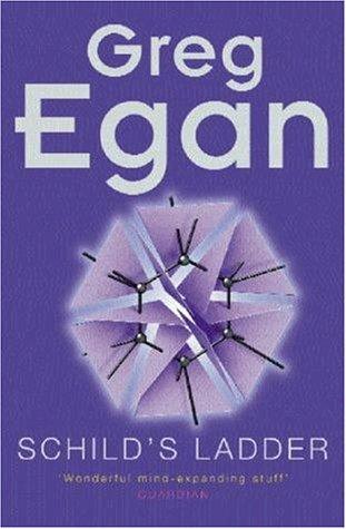 Cover of Schild's Ladder by Greg Egan, showing an abstract blue and white physics visualization suggesting an expanding wavefront
