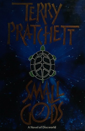 Cover of Small Gods by Terry Pratchett, showing a small tortoise-shaped god figure against a Discworld desert backdrop